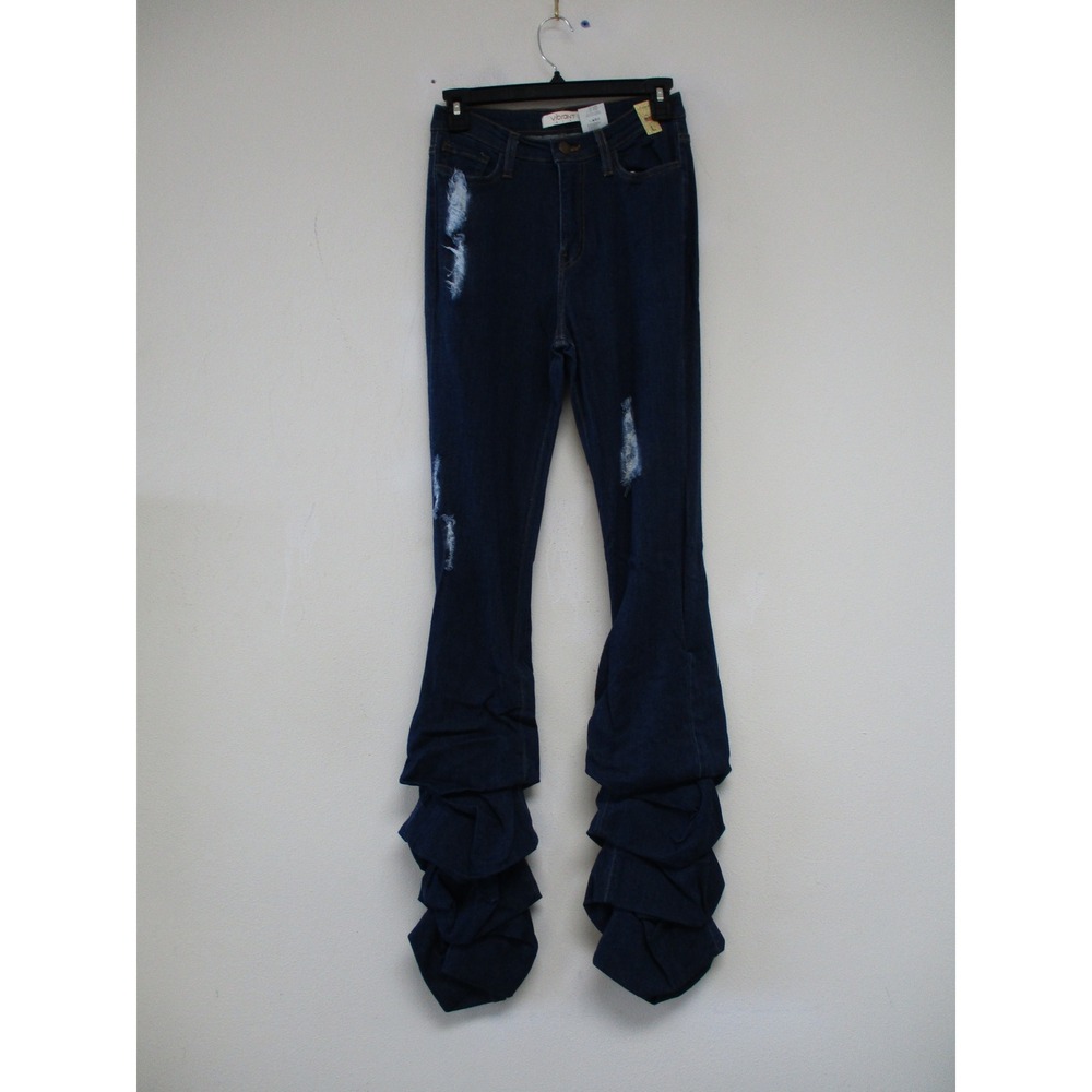 Vibrant M.i.U Jeans Women L Blue Stacked Ruffle Distressed High Rise Denim p1734